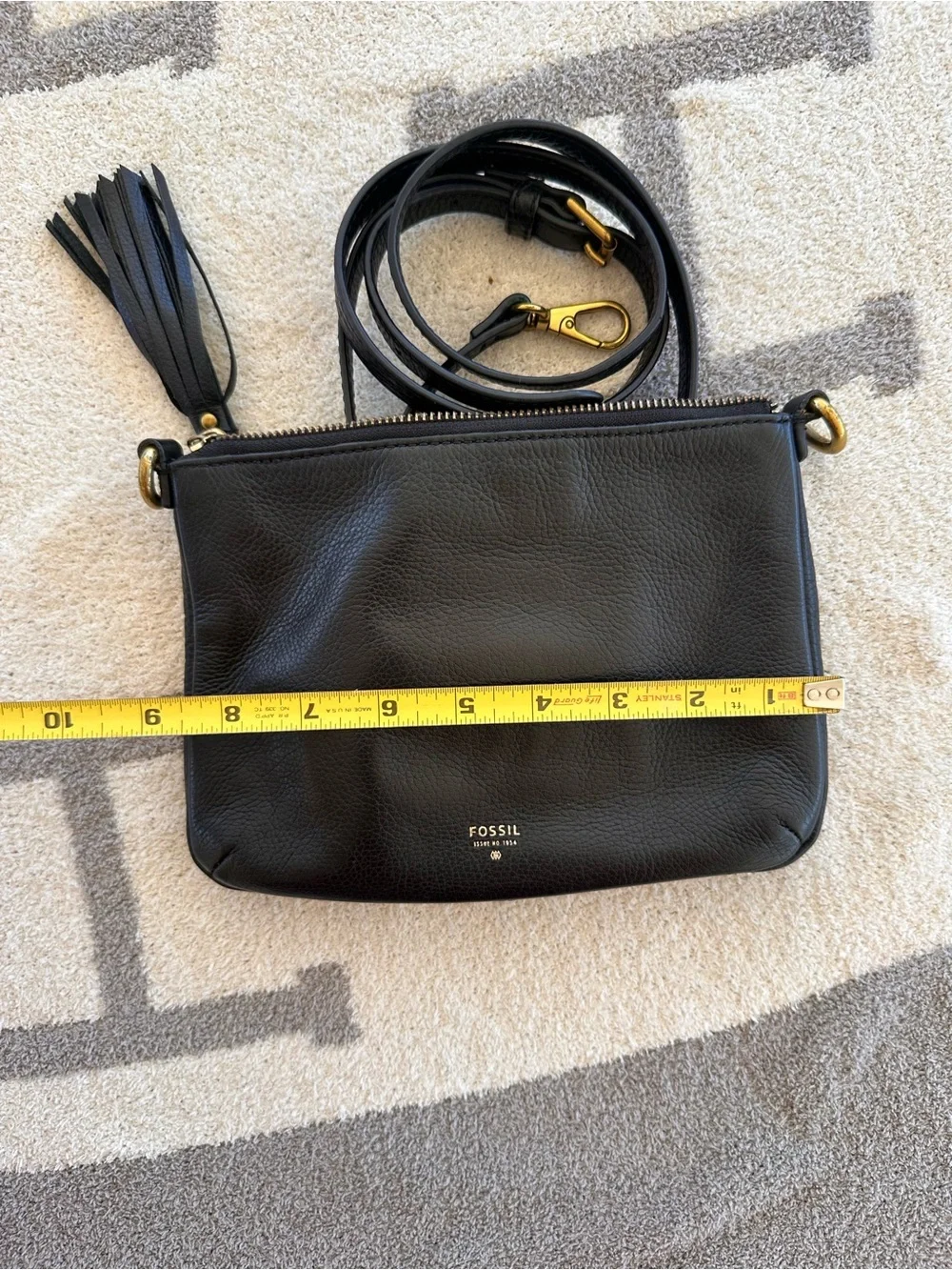 Fossil Black Leather Crossbody with Tassel and Gold Hardware